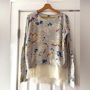 Lucky Brand Size Large Floral Grey Cotton Sweater EUC